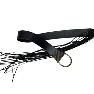Landes Black Leather Fringe Belt S/M, Genuine Leather Ring Buckle Western Boho